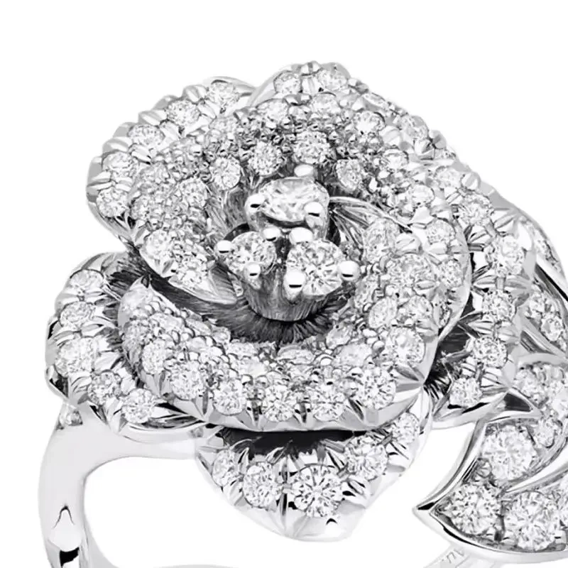 Winkin Winsin Camellia Leaf Inlaid Full-diamond Ring 925 Sterling Silver  Lab Grown High Carbon Diamond Zircon Women Ring