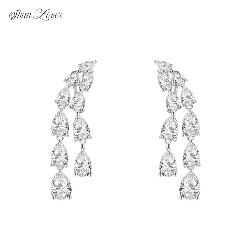 ShanLover Brand AAAAA Grade 925 Sterling Silver Double Row Pear Shaped Teardrop Diamond Tassel Earrings Zircon Jewelry