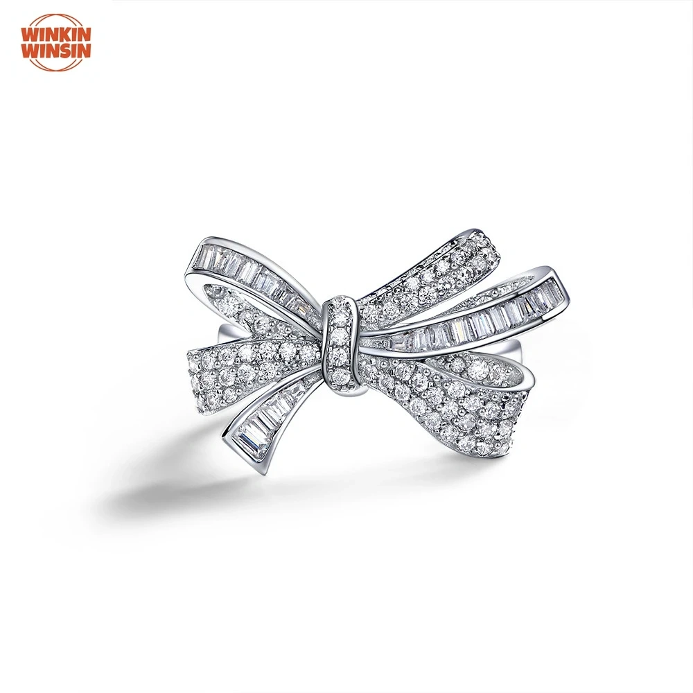 Winkin Winsin New White Butterfly Bow 925 Sterling Silver Ring Fine Jewelry Lab Grown Gemstones High Carbon Diamond Ring