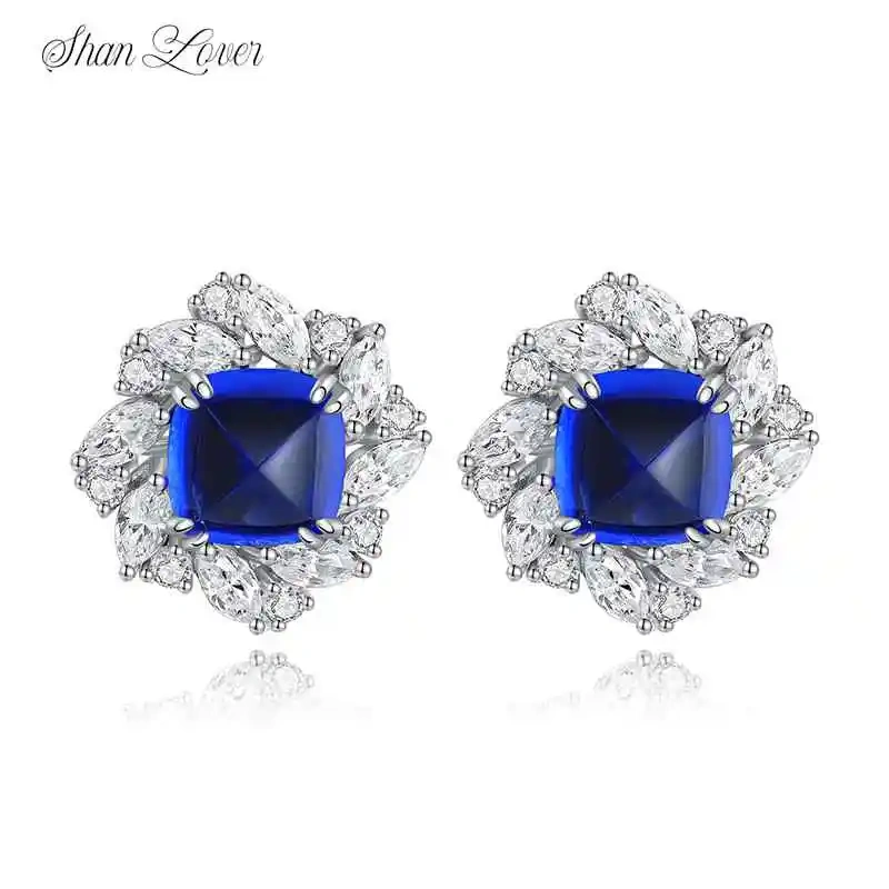 ShanLover Brand 4.46ct High End Temperament Lab Grown Blue Gemstones Stud Earrings 925 Sterling Silver Stud Earrings