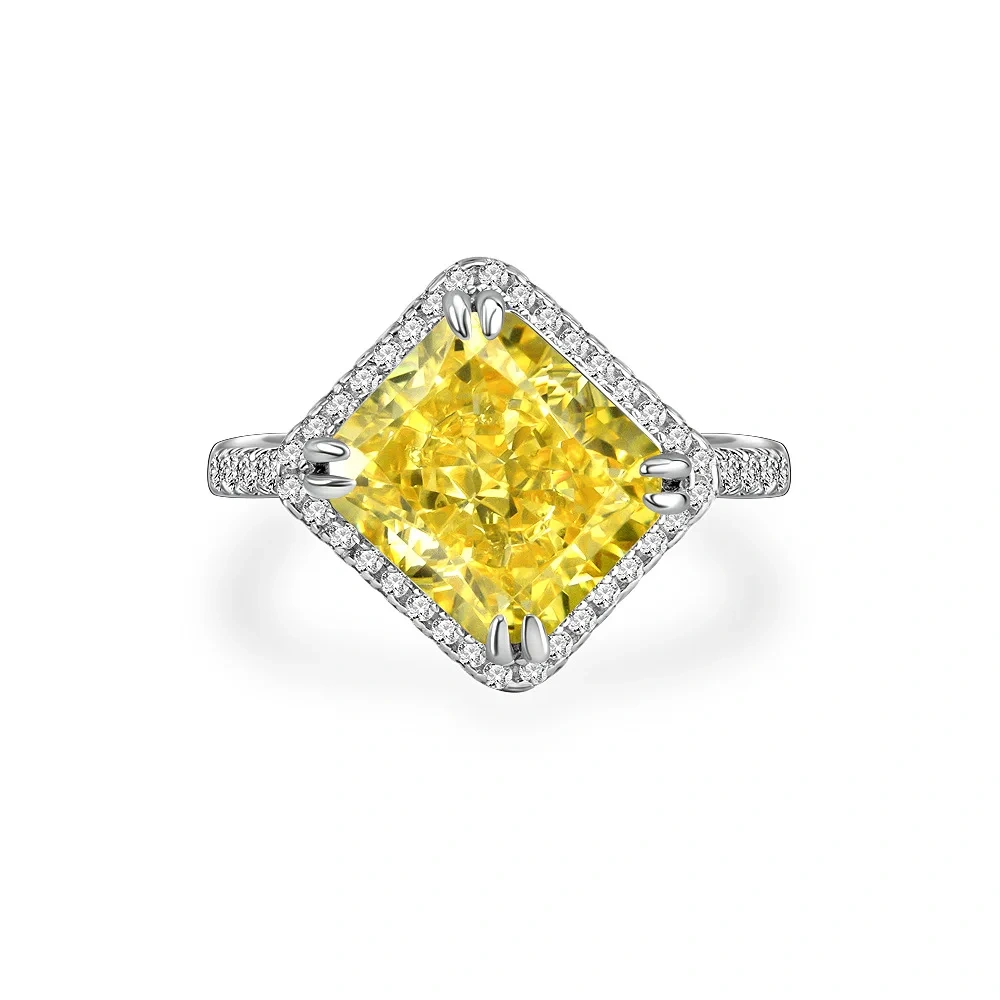 Winkin Winsin Rectangle Chamfered 8 Carat Diamond Yellow European And American High Carbon Diamond Ring S925 Silver
