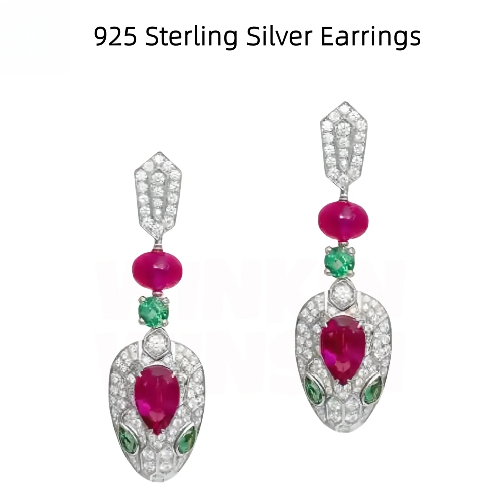 Winkin Winsin Luxury s925 925 Sterling Silver Drop Earrings For Women Snake Earrings Pigeon Blood Gemstone Stud Earrings Jewelry