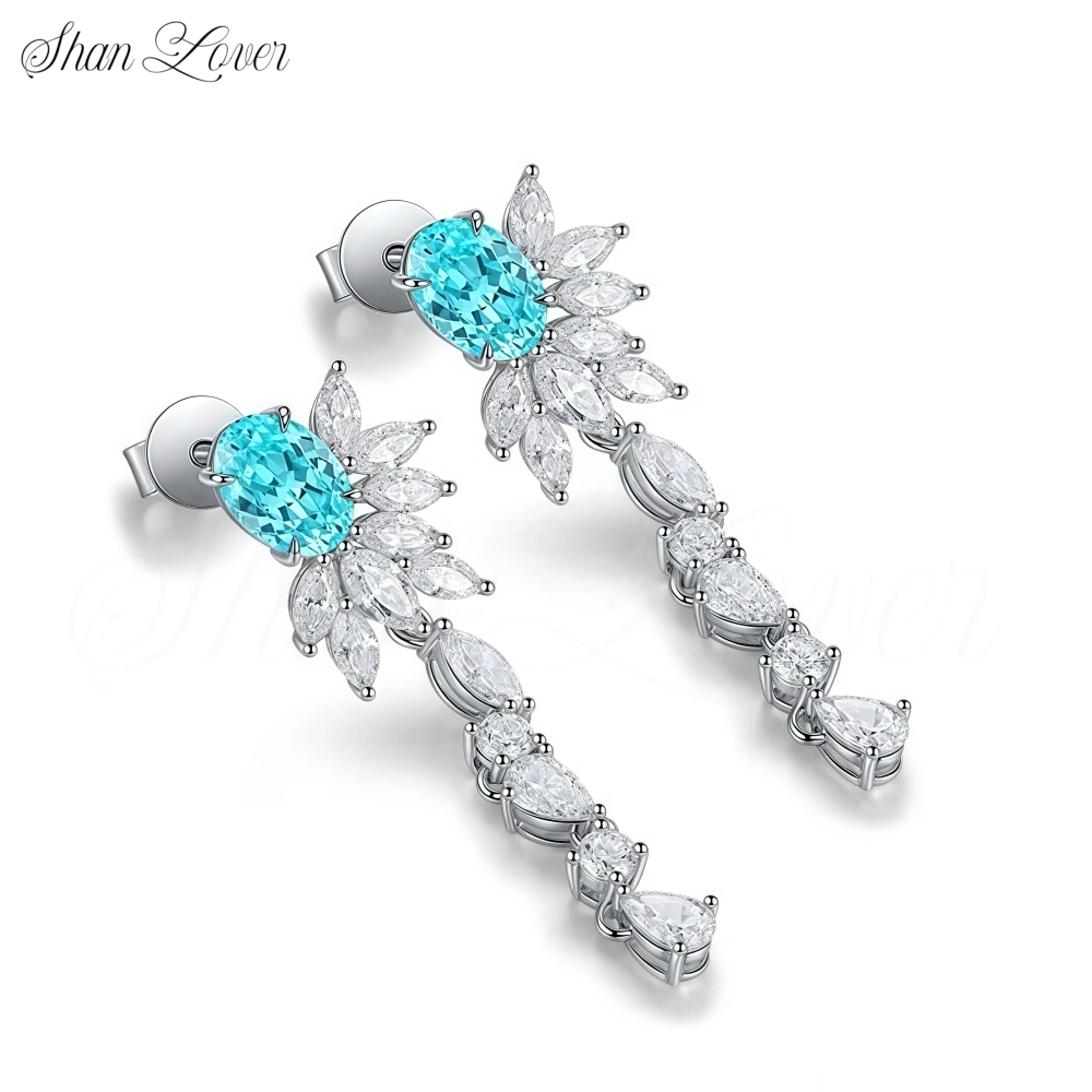 ShanLover Brand MGI Top Grade Lab Grown Gemstones Blue Paraiba Tourmaline Stud Earring 925 Sterling Silver Drop Earrings Jewelry