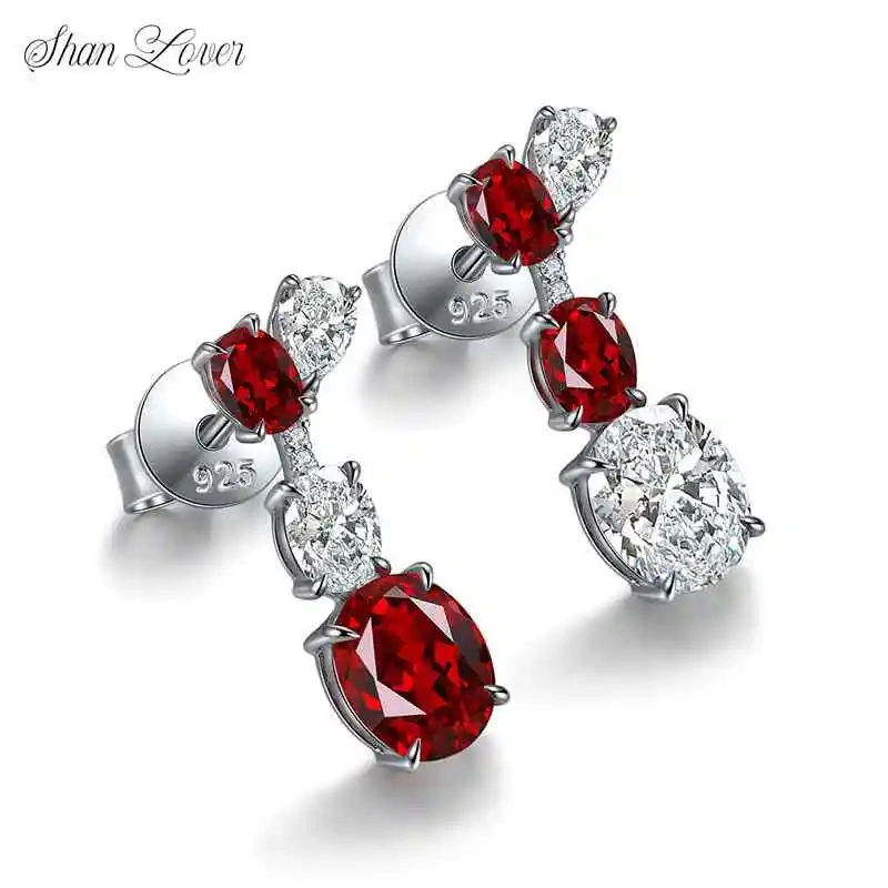 ShanLover Brand Lab Grown Gemstones Ruby Stud Real 925 Sterling Silver Earrings Exquisitely Crafted Pigeon Blood Red Jewelry