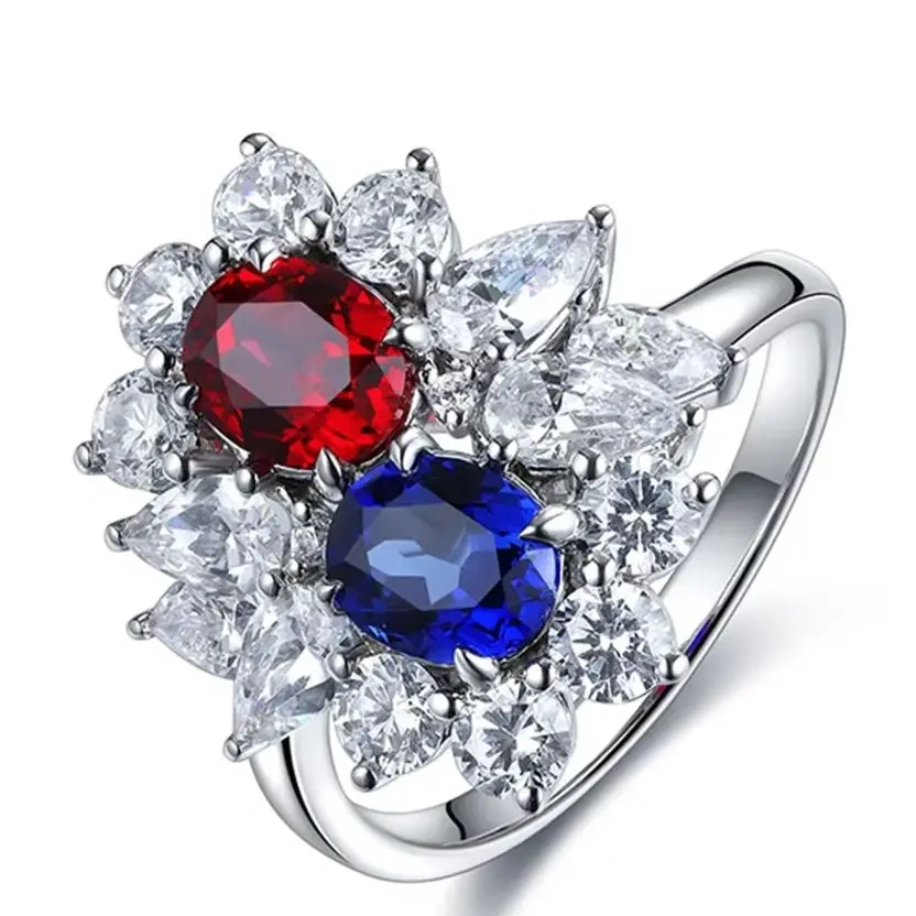ShanLover Brand Oval Shaped Cultivated Sapphire Ring with Double Stones Red And Blue Light Luxury High End Jewelry