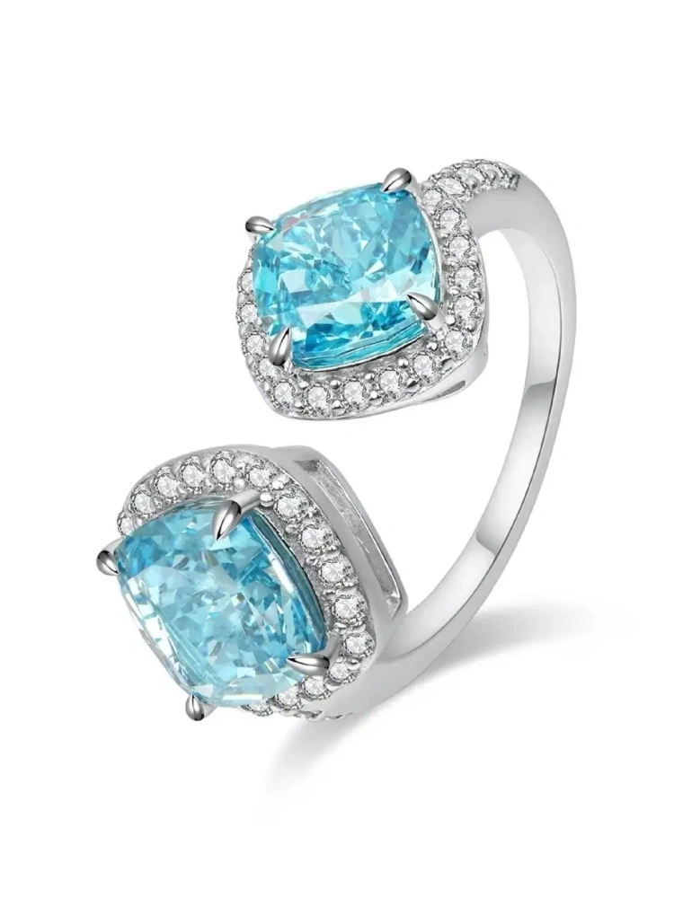 ShanLover Brand Designer S925 Real 925 Sterling Silver Cut Diamond Opening Ring With Blue Gemstone Unique Design for Woman Girl