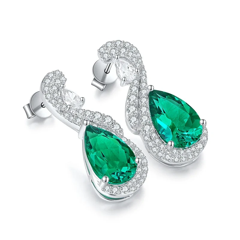 ShanLover Brand 5.8ct High End Lab Grown Gemstones Emerald 925 Sterling Silver Stud Earrings Fine Jewelry