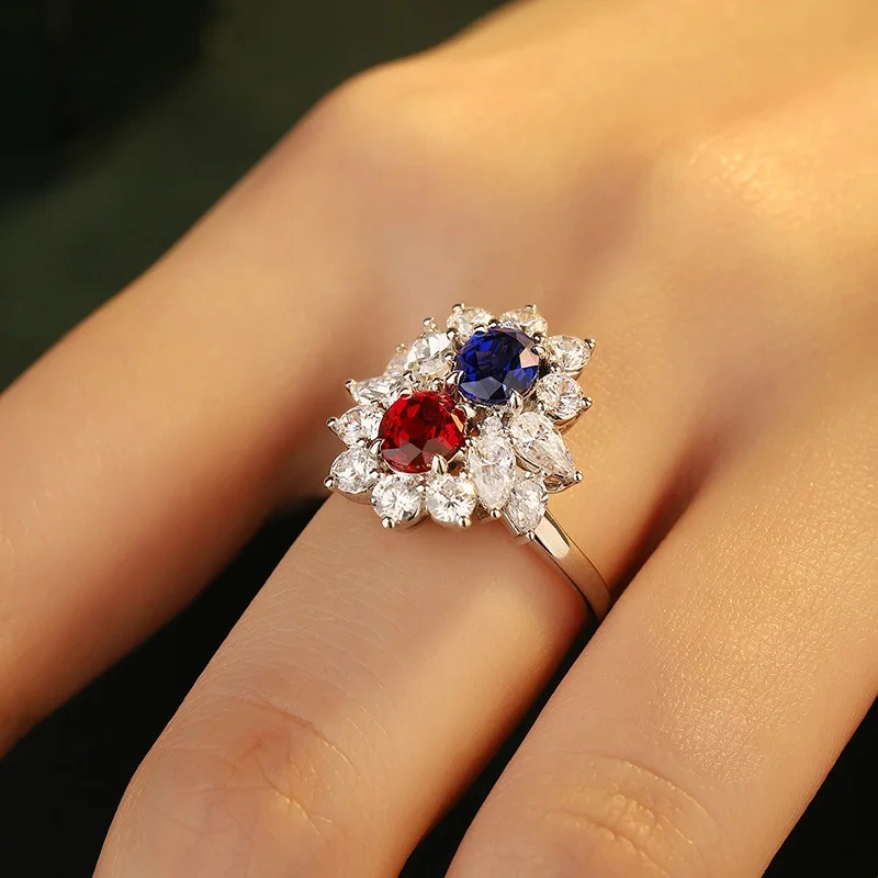 ShanLover Brand Oval Shaped Cultivated Sapphire Ring with Double Stones Red And Blue Light Luxury High End Jewelry