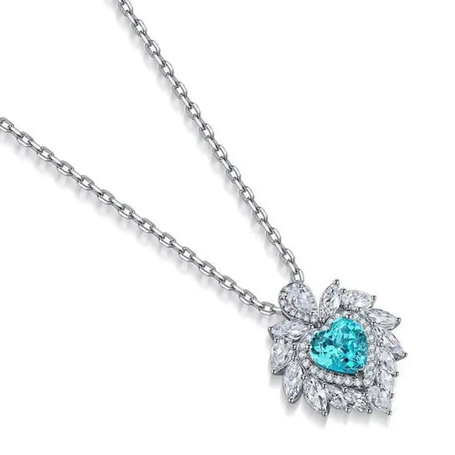ShanLover BrandS925 Sterling Silver Paraiba Heart Shaped Necklace Lab Inlaid Jewelry Necklace S925 Sterling Silver Jewelry