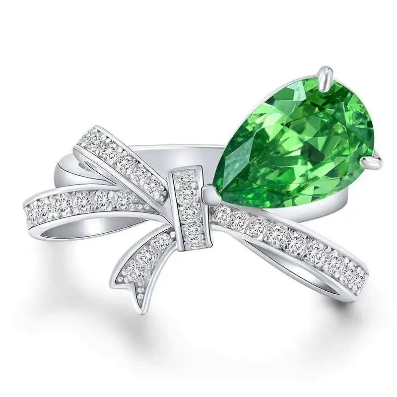 Winkin Winsin Bowknot Diamond Ring 3ct Emerald Green Water Drop Shape Lab Grown Gemstones High Carbon Diamond Ring Jewelry