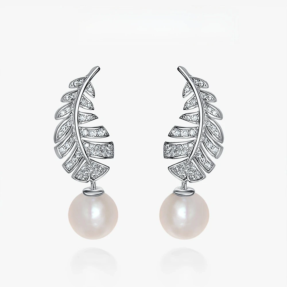 Winkin Winsin Feather Earrings for Women White Shell Pearl Drop Earrings, High Carbon Diamond Ear Accessories