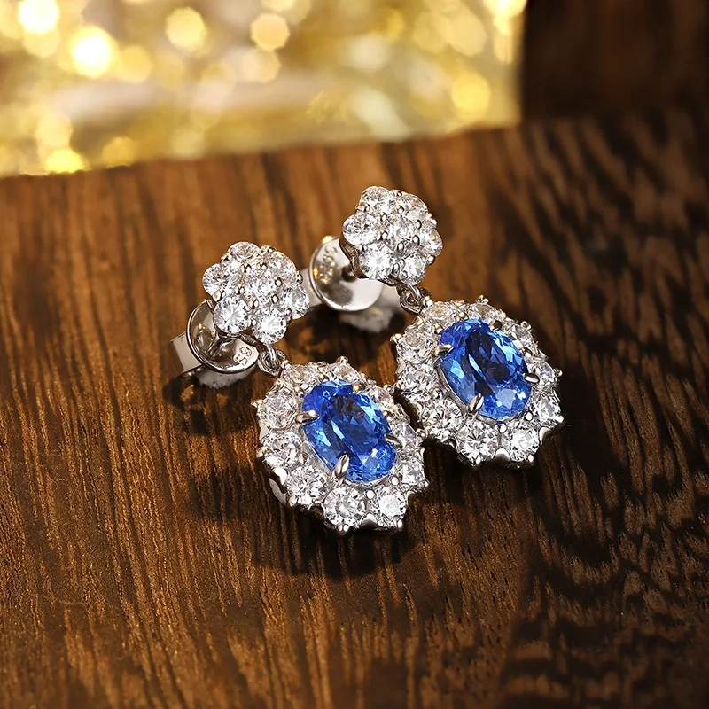 ShanLover Brand CMA Certificate Blue Lab Grown Gemstones 925 Sterling Silver Diamond Stud Earrings Luxury Jewelry