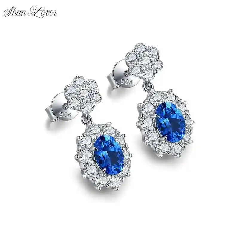 ShanLover Brand CMA Certificate Blue Lab Grown Gemstones 925 Sterling Silver Diamond Stud Earrings Luxury Jewelry