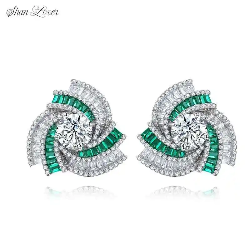 ShanLover Brand High Quality 925 Sterling Silver Lab Grown Gemstones Emerald Ear Studs Earrings Jewelry CMA Certificate