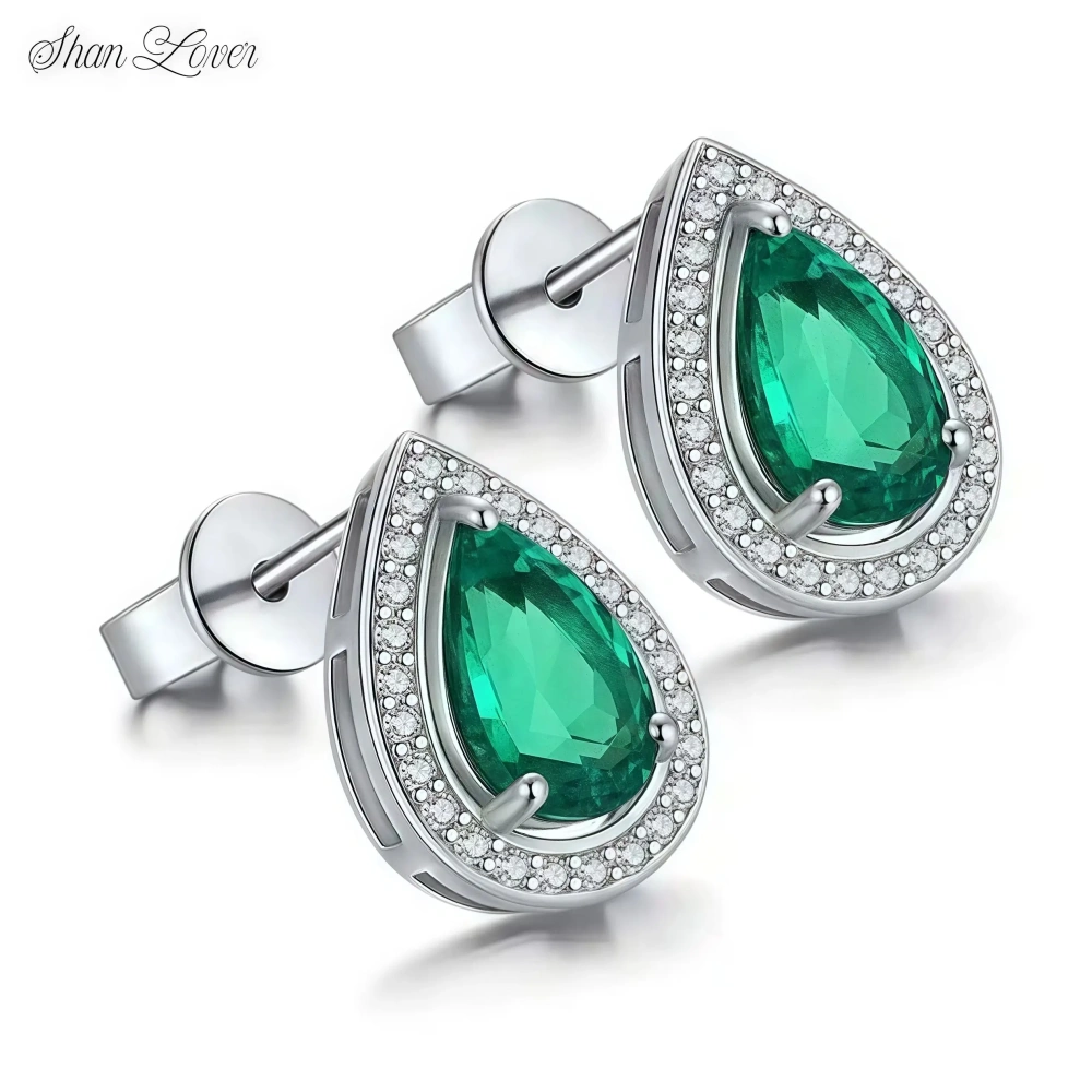 ShanLover Brand Luxury Waterdrop Lab Grown Gemstones Emerald Stud Earrings High Quality 925 Sterling Silver Jewelry