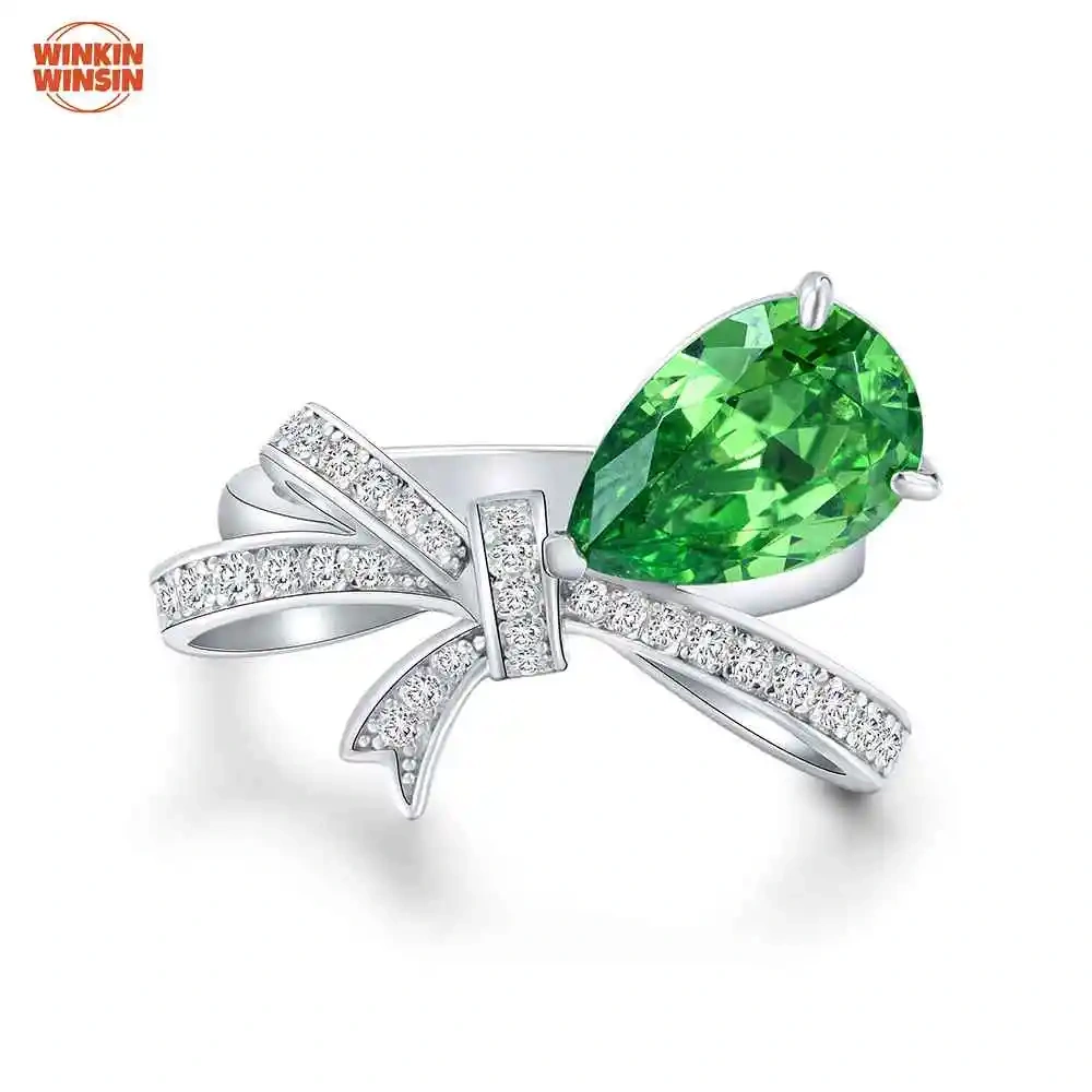 Winkin Winsin Bowknot Diamond Ring 3ct Emerald Green Water Drop Shape Lab Grown Gemstones High Carbon Diamond Ring Jewelry
