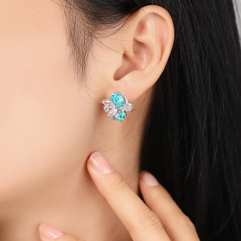 ShanLover Brand 6.5ct Lab Grown Paraiba Tourmaline Stud Earrings for Women Blue Gemstones 925 Sterling Silver Earrings Jewelry