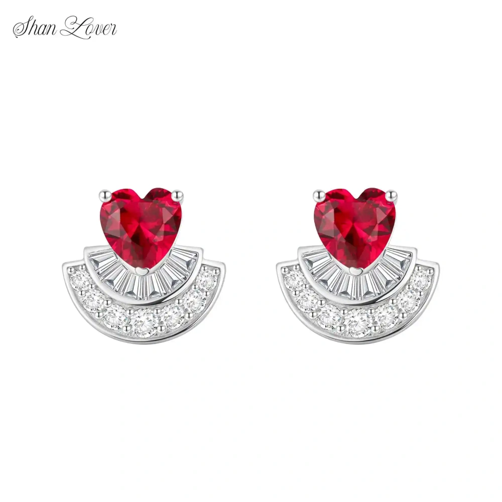 ShanLover Brand 5A Grade Heart Shaped Design Fan Shaped Zircon Stud Earrings 925 Sterling Silver Earrings for Women Jewelry