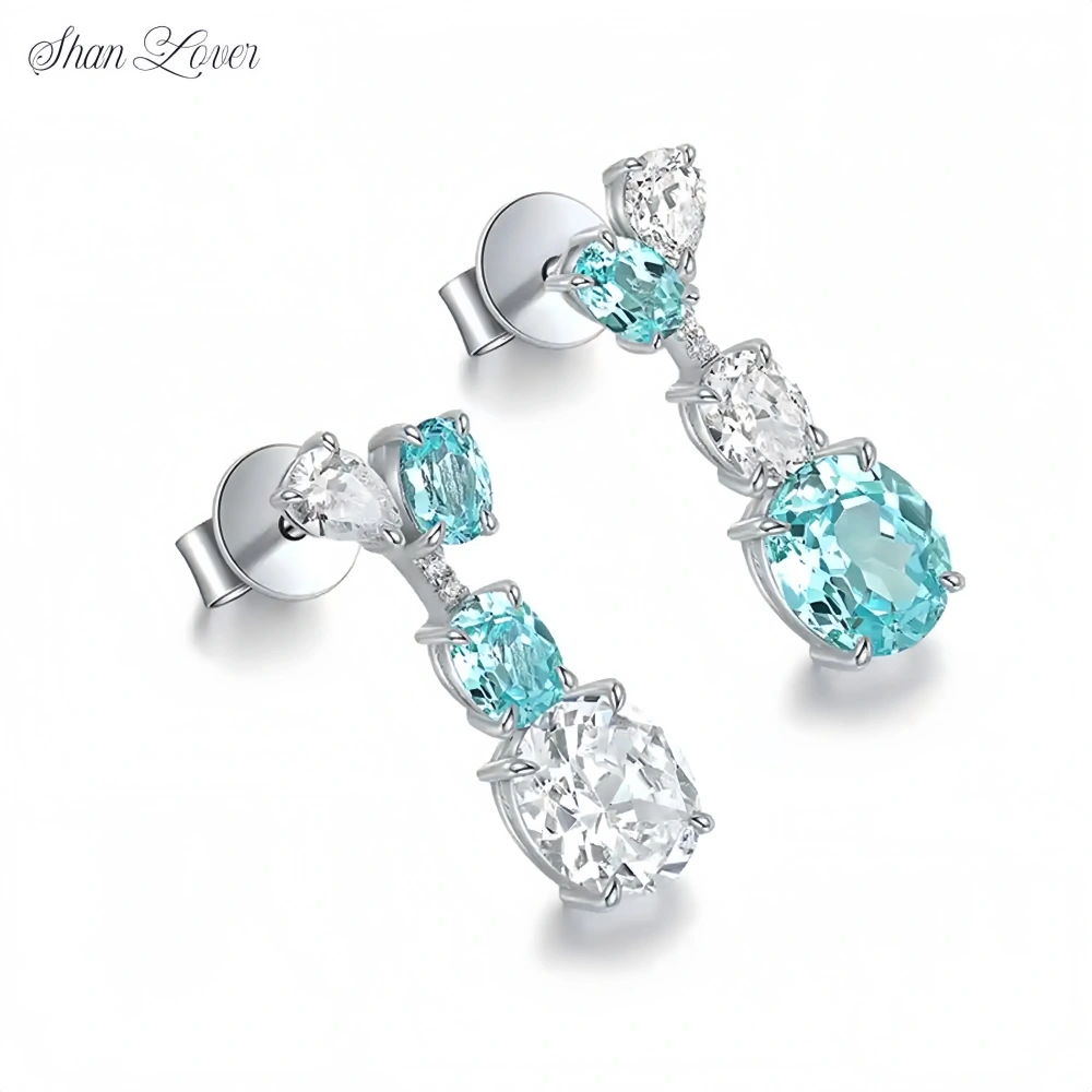 ShanLover Brand Lab Grown Paraiba Gemstones Drop Earrings Blue Tourmaline 925 Sterling Silver Stud Pendant Earrings for Women