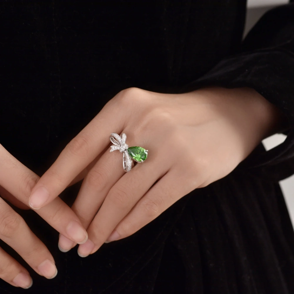 Winkin Winsin Bowknot Diamond Ring 3ct Emerald Green Water Drop Shape Lab Grown Gemstones High Carbon Diamond Ring Jewelry