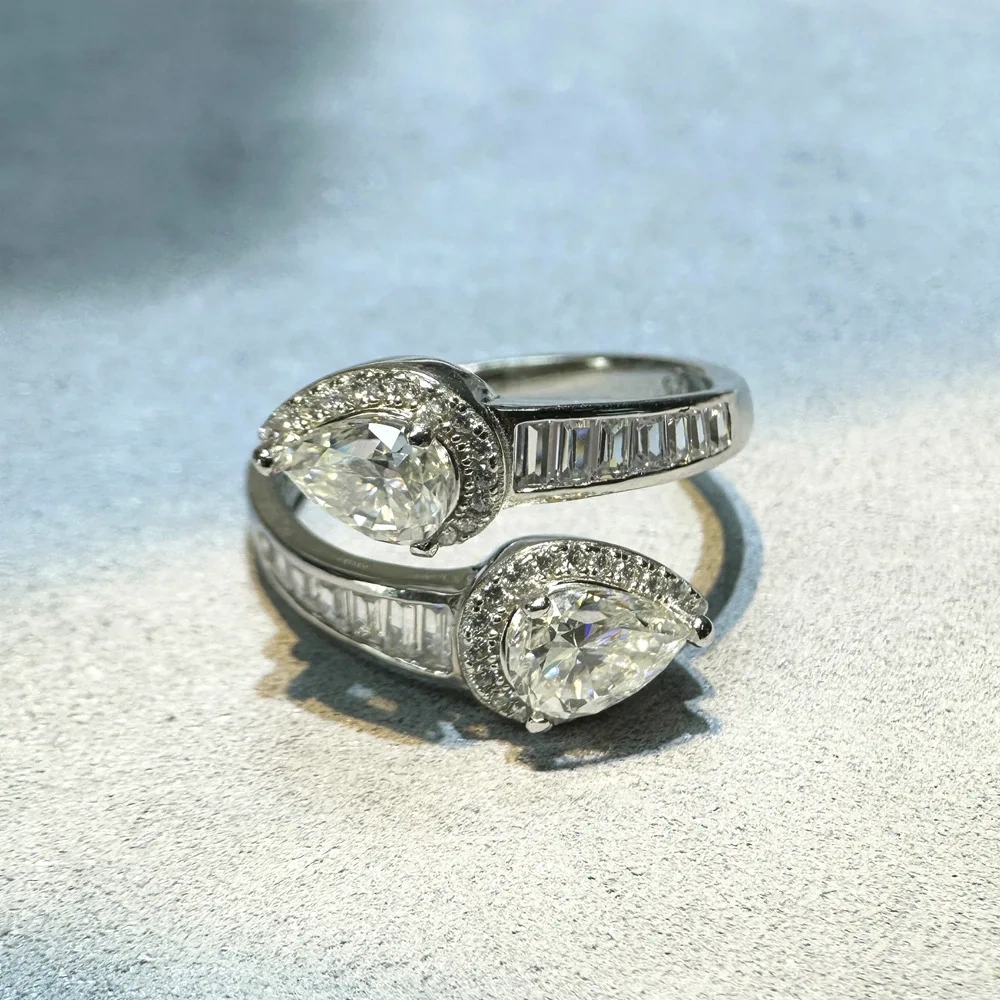 ShanLover Brand Teardrop Shaped Moissanite Ring Square Row Diamond S925 Sterling Silver Loose-Fitting Elegant Jewelry