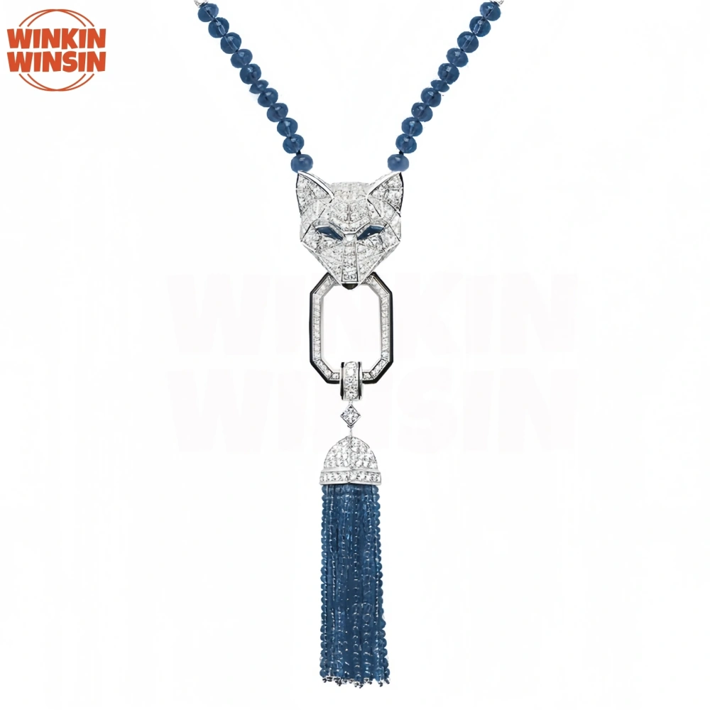 Winkin Winsin Luxury 925 Sterling Silver Beads Necklaces Fox Leopard Necklace Natural Lapis lazuli Gemstones Pendant Jewelry