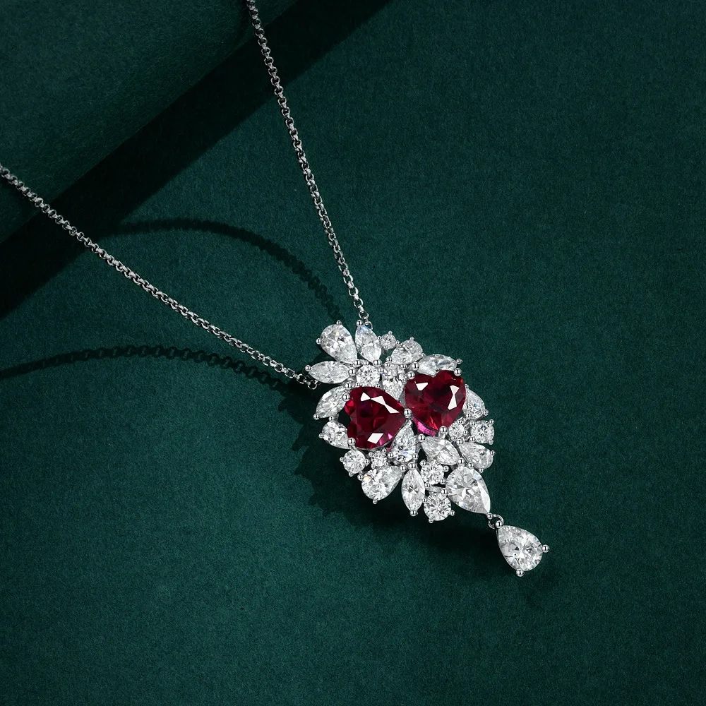 Winkin Winsin New Style S925 Silver 2ct Heart Shape Cultured Ruby 8*8 Light Luxury Niche Design Pendant For Women
