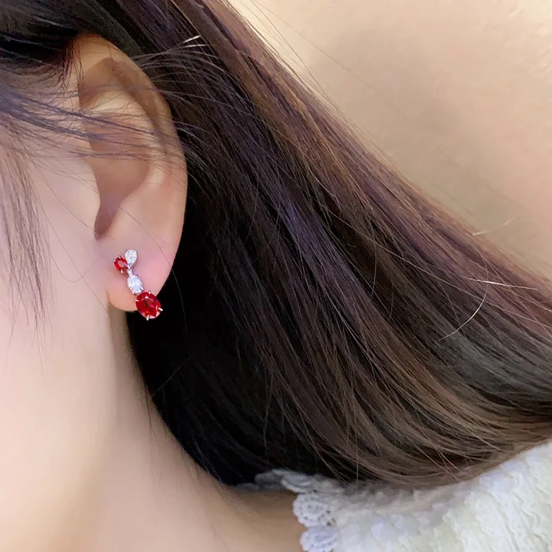 ShanLover Brand Lab Grown Gemstones Ruby Stud Real 925 Sterling Silver Earrings Exquisitely Crafted Pigeon Blood Red Jewelry