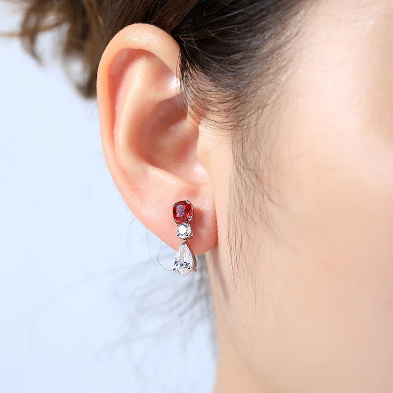 ShanLover Brand Luxury Brand Designer Ruby Stud Real 925 Sterling Silver Earrings High Quality Pigeon Blood Red Jewelry