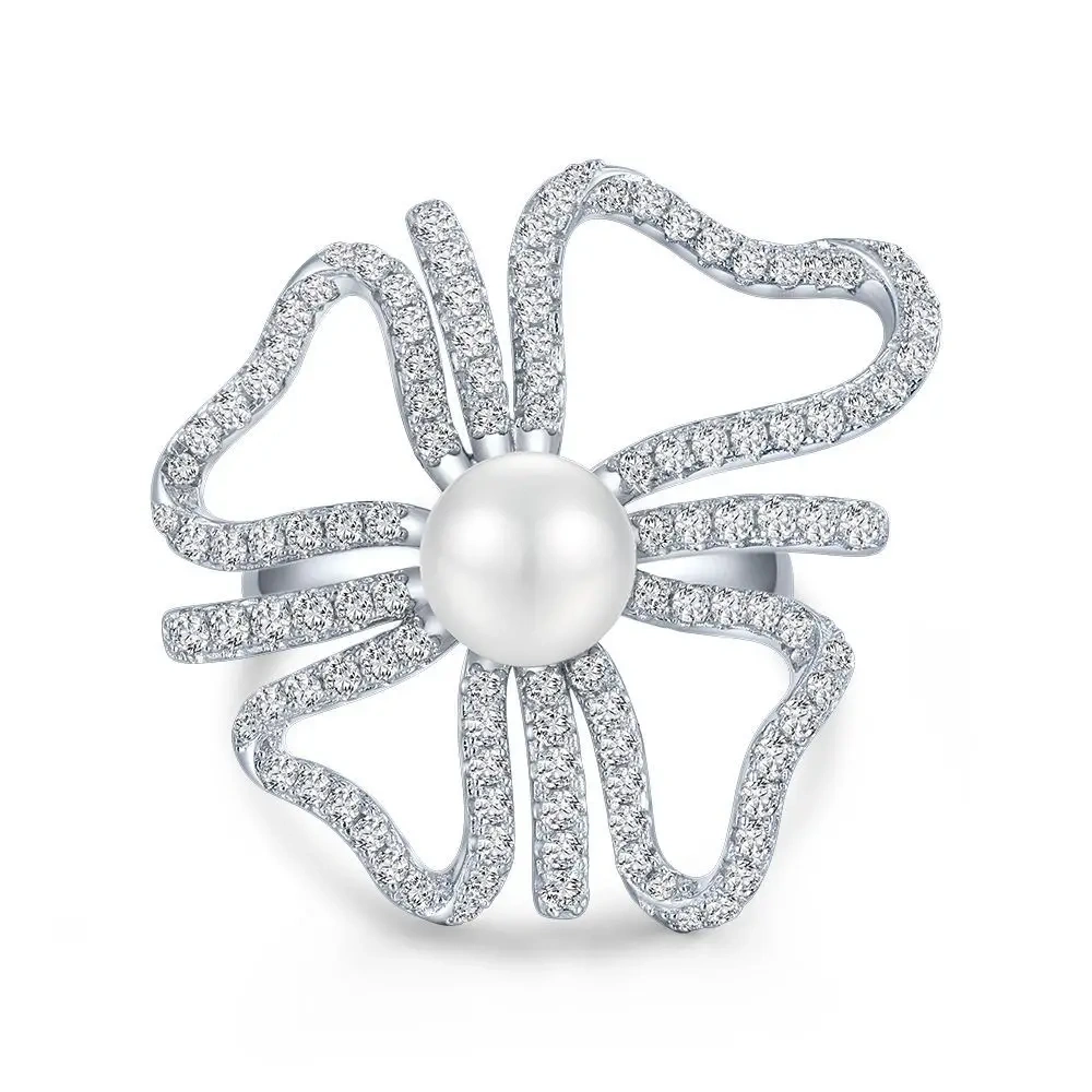 Winkin Winsin Natural Pearl 8mm Hollow Silver Ring Full Inlaid Diamond Open Adjustable Ring