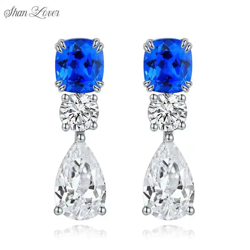 ShanLover Brand Luxury 1.58ct 925 Sterling Silver Blue Lab Grown Gemstones Long Drop Earrings  Jewelry For Women