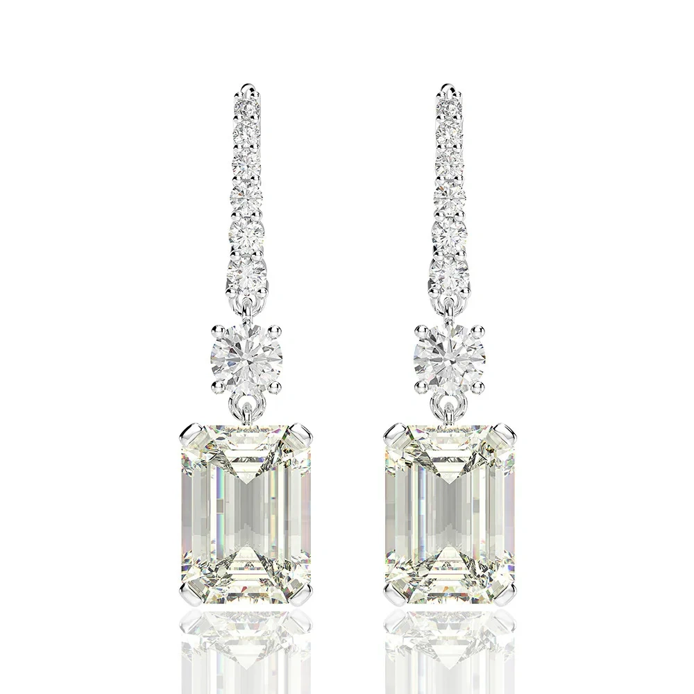 Winkin Winsin 925 Silver 8*11 High-Carbon Diamond Earrings, Rectangular Chamfered And Polished, 4 Carat Ear Hooks For Women