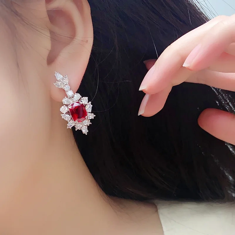 ShanLover Brand Luxury Brand Designer Pigeon Blood S925 Silver Ear Stud Red Treasure Cultivated Treasure Certificated Jewelry ﻿