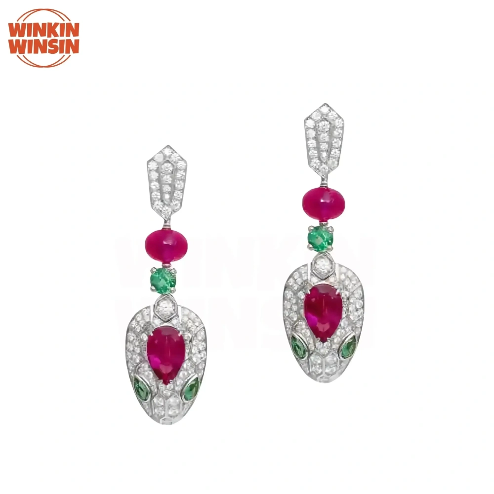 Winkin Winsin Luxury s925 925 Sterling Silver Drop Earrings For Women Snake Earrings Pigeon Blood Gemstone Stud Earrings Jewelry