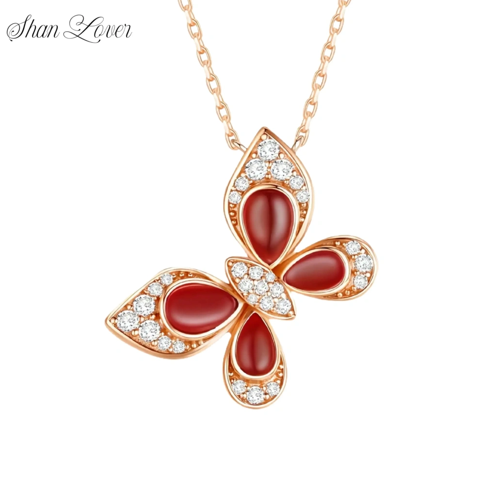 ShanLover Brand 925 Sterling Silver Pendants Necklaces White Red Green Gemstones Butterfly Necklace Pendants Jewelry For Women
