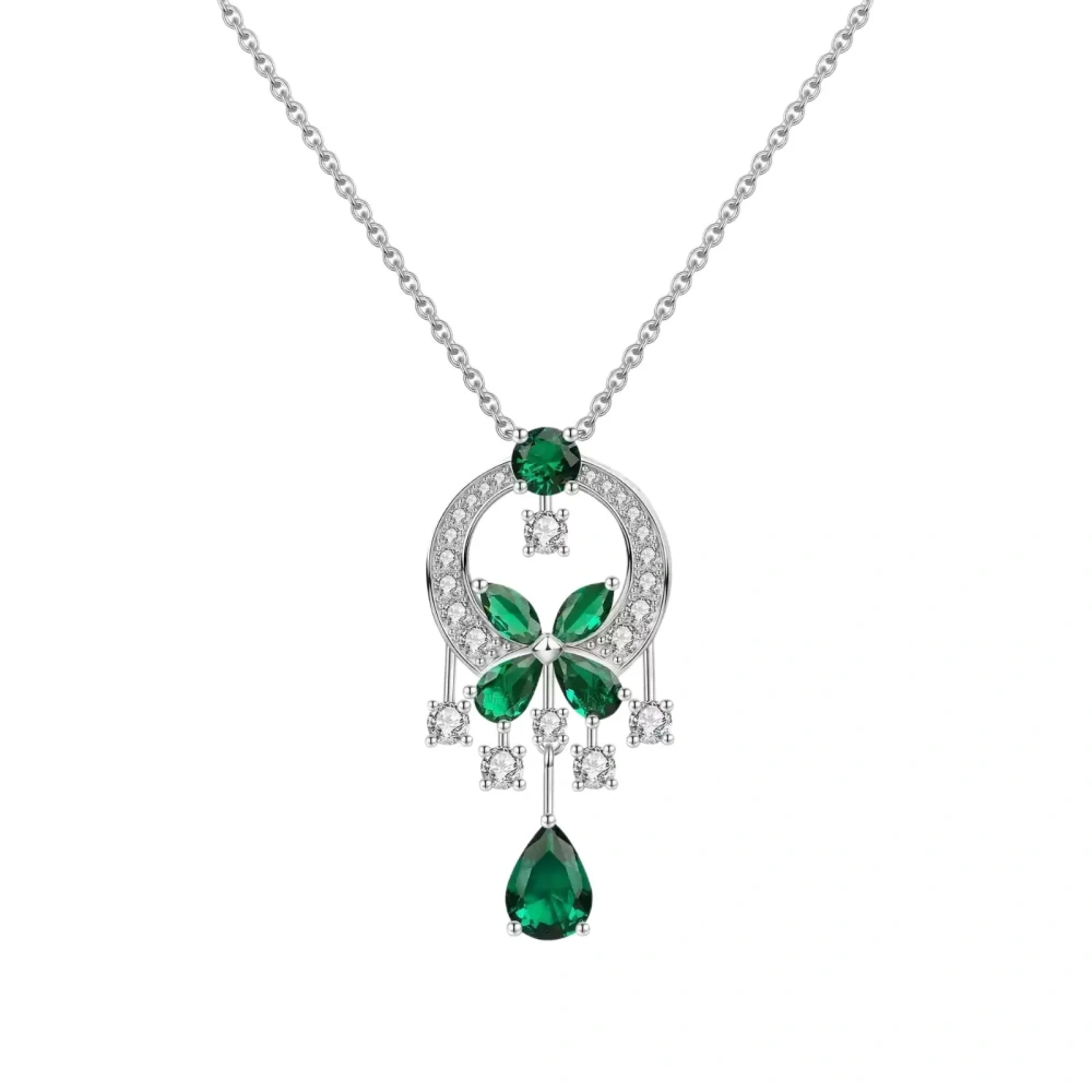Winkin Winsin Sterling Silver S925 Garden Butterfly Circle Emerald Diamond Necklace with Water Drop Diamonds