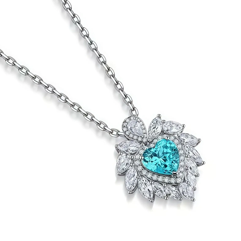ShanLover BrandS925 Sterling Silver Paraiba Heart Shaped Necklace Lab Inlaid Jewelry Necklace S925 Sterling Silver Jewelry