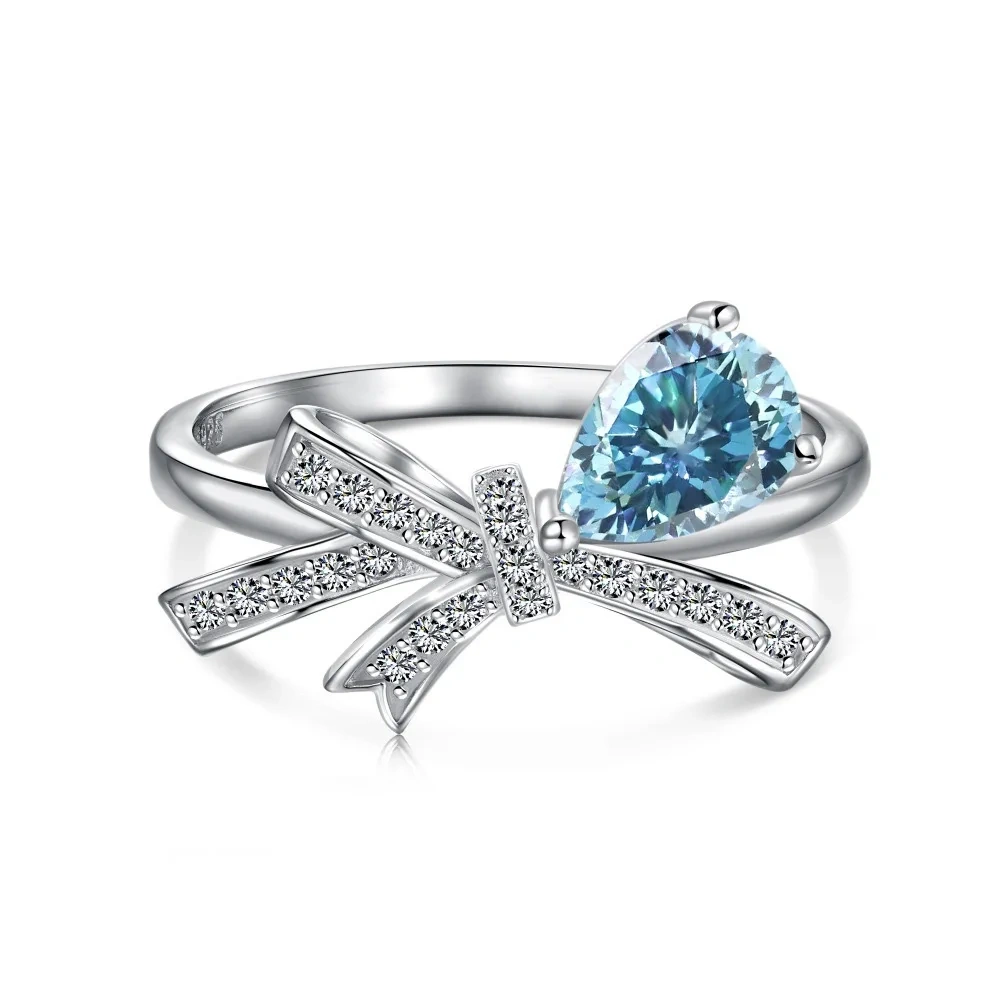 Winkin Winsin s925 sterling silver teardrop pear-shaped bow moissanite ring, a high-end silver jewelry for women