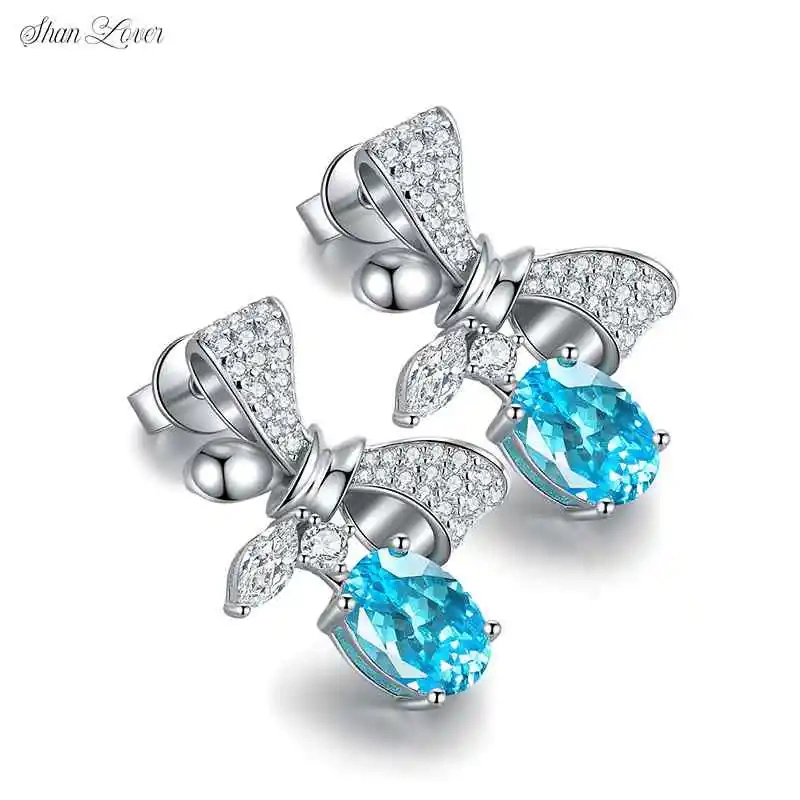 ShanLover Brand 3.9ct 925 Sterling Silver Lab Grown Gemstones Bow Cultivation Paraiba Stud Earrings Luxury Jewelry for Women