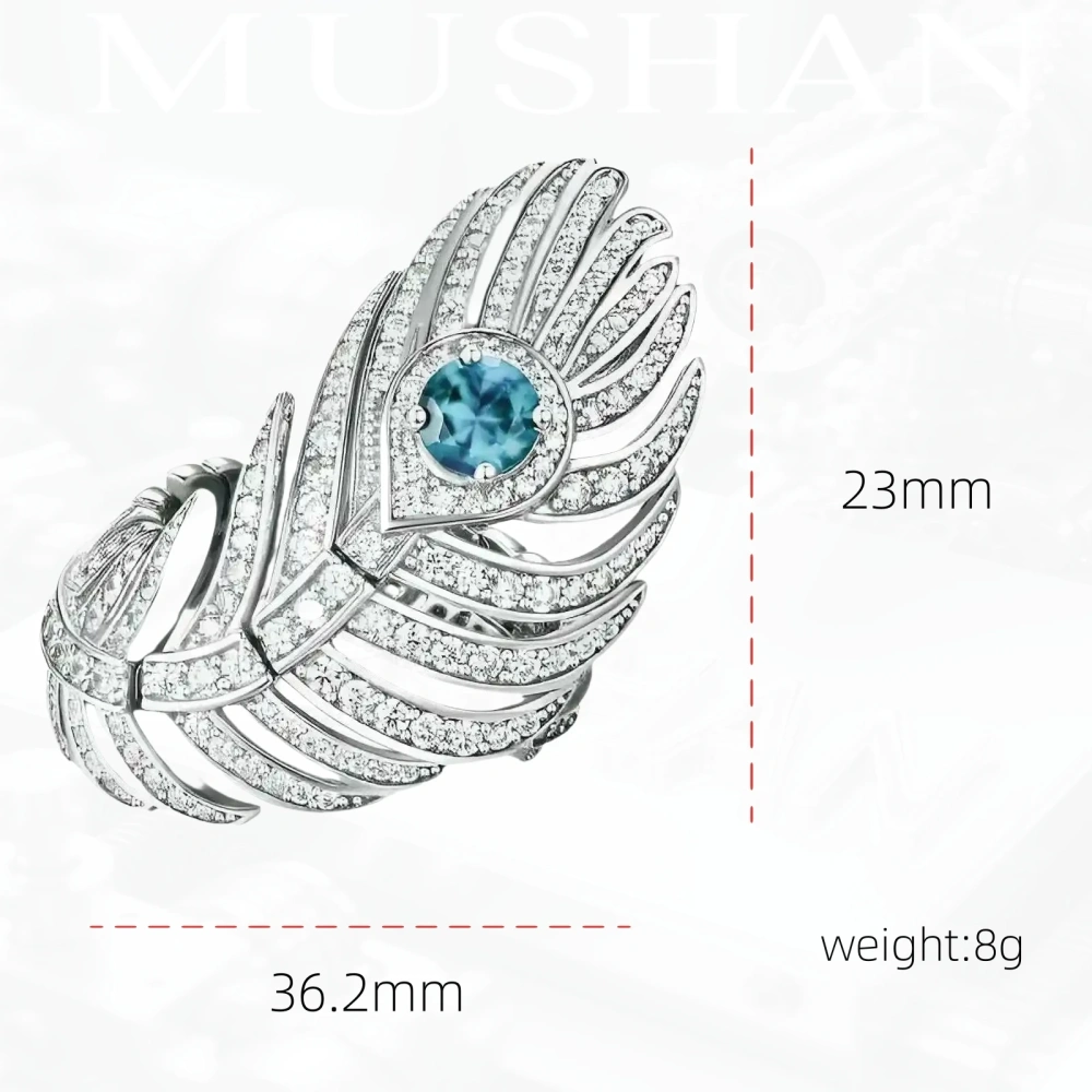 Winkin Winsin Brand Luxury S925 925 Sterling Silver Ring For Women Peacock Feathers Rings Girls Blue Zircon Finger Ring Jewelry