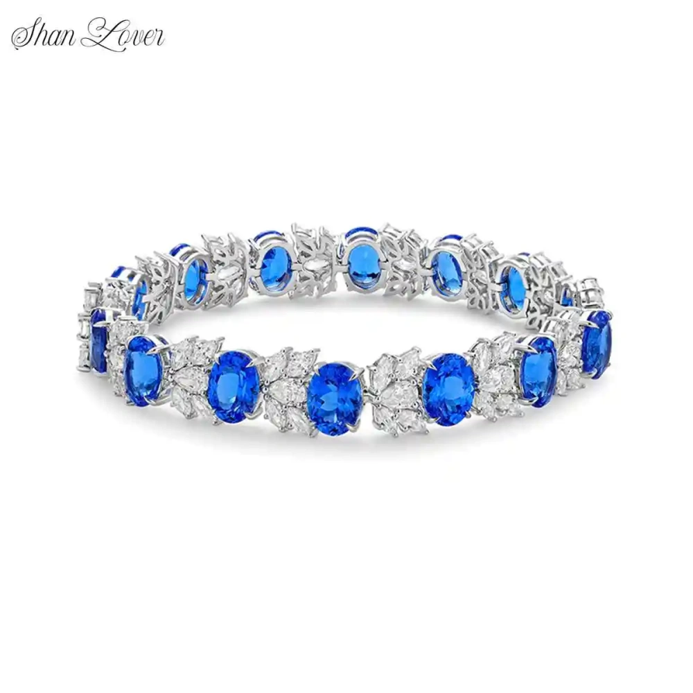 ShanLover Brand 20.23ct Blue Lab Grown Gemstones Bracelet For Women CMA Certificate 925 Sterling Silver Bracelet Jewelry