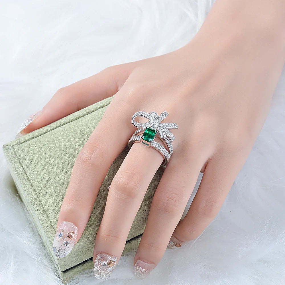 Winkin Winsin 1ct Zambian Color Cultured Emerald 5*7 Bowknot Ring 925 Silver