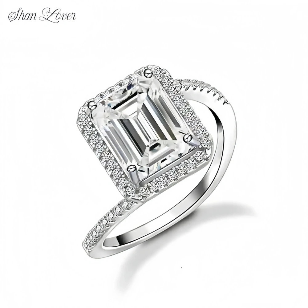 ShanLover Brand 925 Sterling Silver 4ct Moissanite Diamond Ring for Women CMA Certificate Rectangular Moissan Diamond Rings