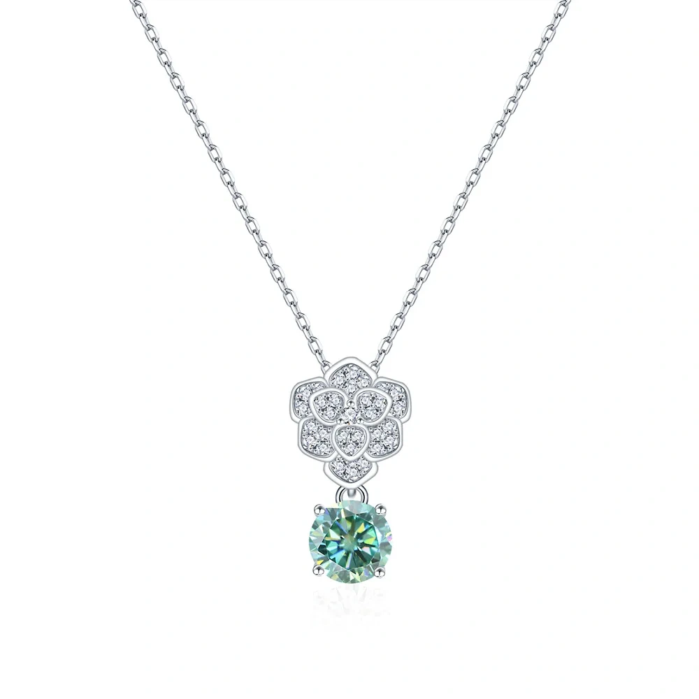 ShanLover Brand 1ct Moissanite Diamond Camellia Pendant Necklace 925 Sterling Silver Collarbone Chain Fashionable Jewelry