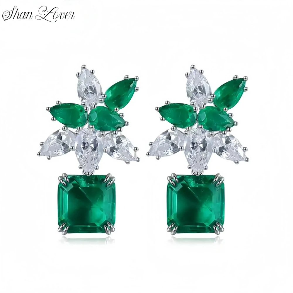 ShanLover Brand 13ct Big MGI Top Grade Lab-Grown Gemstones Emerald Drop Earrings 925 Sterling Silver Women Stud Earrings Jewelry