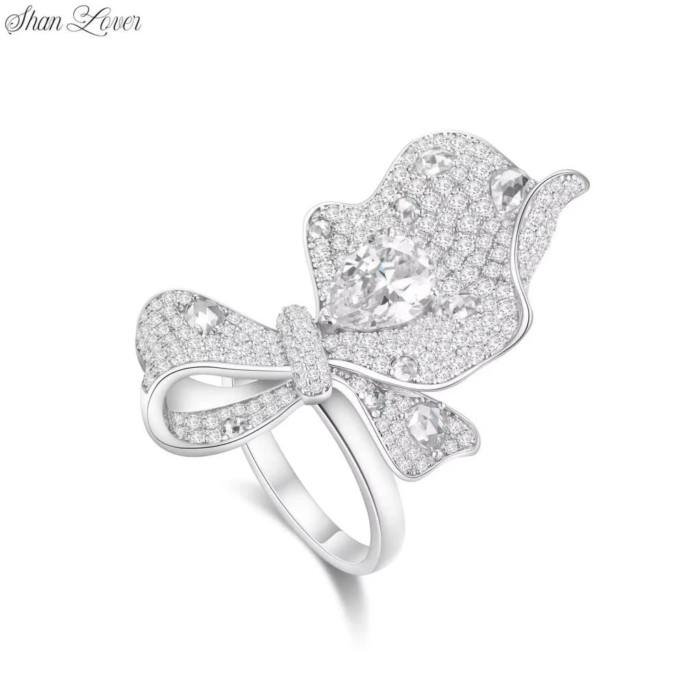 ShanLover Brand 925 Silver Bowknot Ring Fashion Jewelry for Women Bow Flower Design Full Diamond Gemstones Rings Accessory
