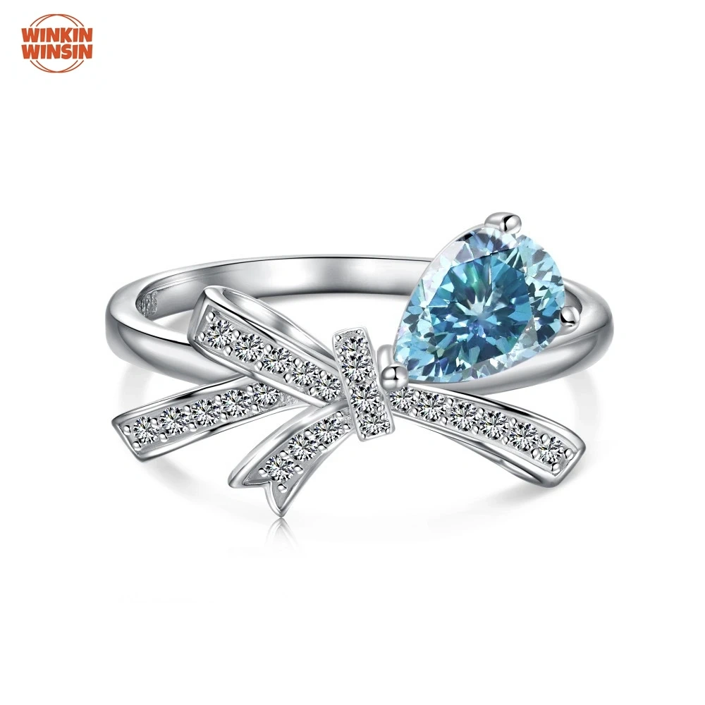 Winkin Winsin s925 sterling silver teardrop pear-shaped bow moissanite ring, a high-end silver jewelry for women