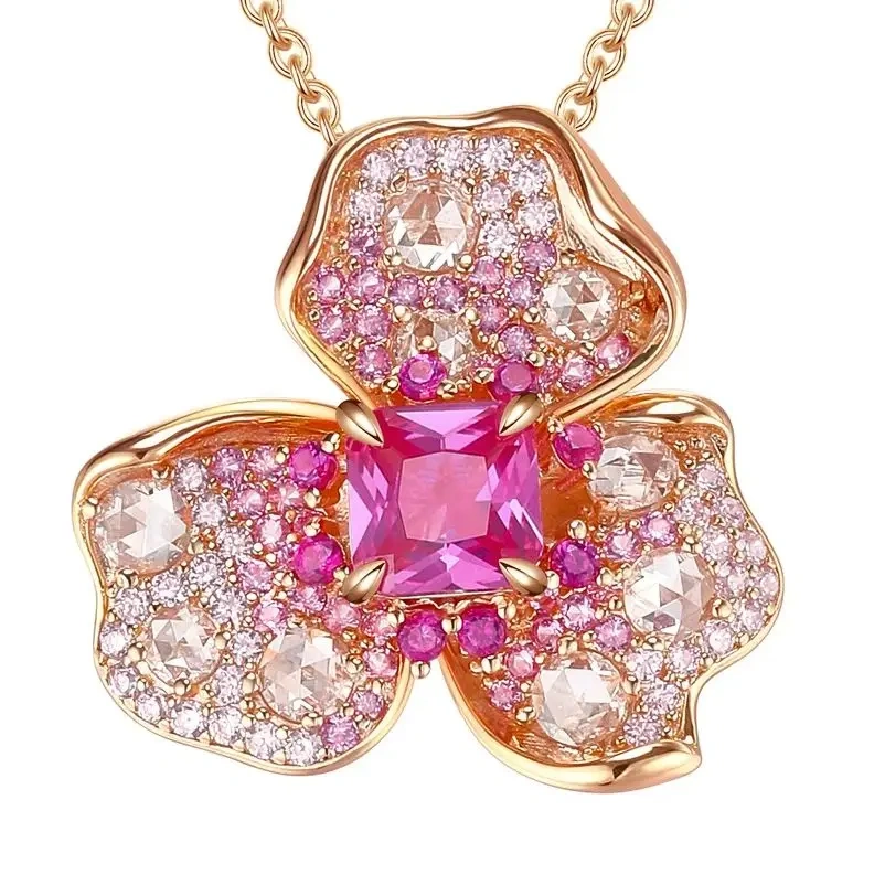 ShanLover Brand 925 Sterling Silver Red Green Gemstone Pendant Necklace Jewelry Flower Design Zircon Drop Pendants Necklaces