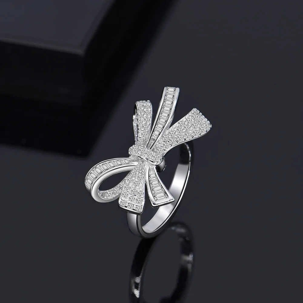 Winkin Winsin New White Butterfly Bow 925 Sterling Silver Ring Fine Jewelry Lab Grown Gemstones High Carbon Diamond Ring