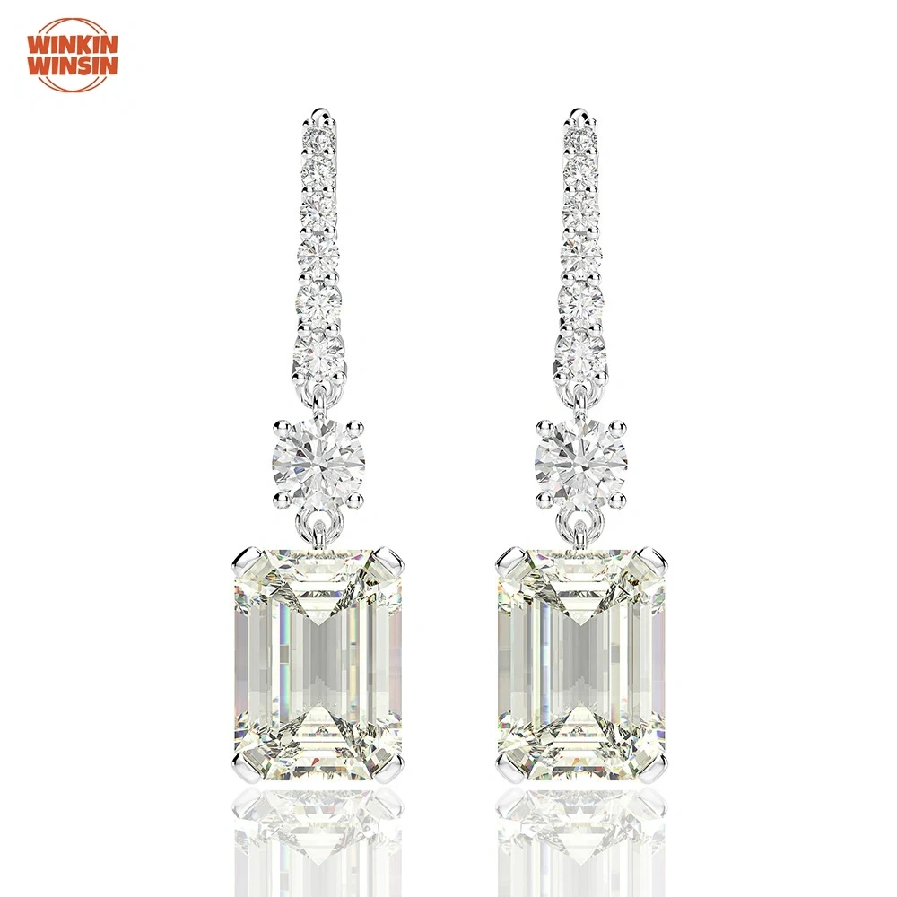 Winkin Winsin 925 Silver 8*11 High-Carbon Diamond Earrings, Rectangular Chamfered And Polished, 4 Carat Ear Hooks For Women